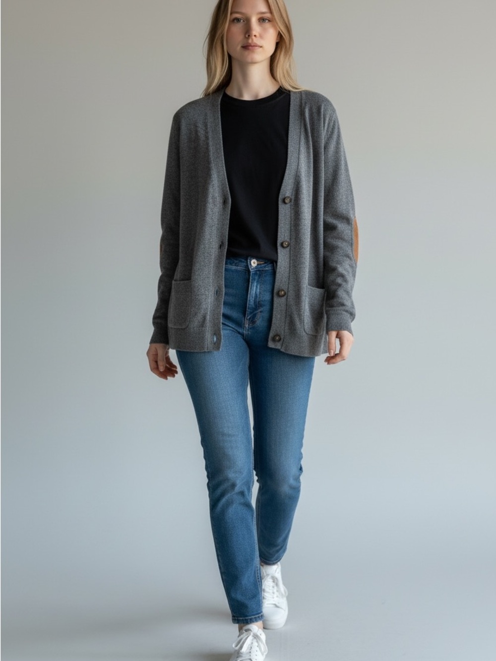Escada Charcoal Gray V-Neck Button Cardigan with Brown Elbow Patches